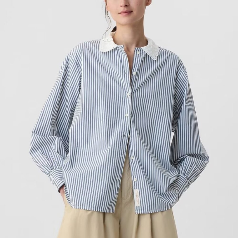 Striped Blue Button-Down Shirt with Eyelet Collar - Picture 2 of 8